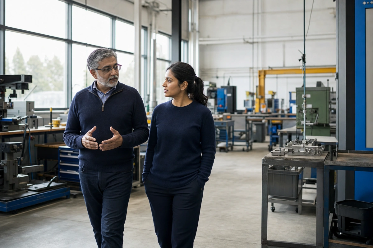 A founder and his daughter walking through a manufacturing workshop