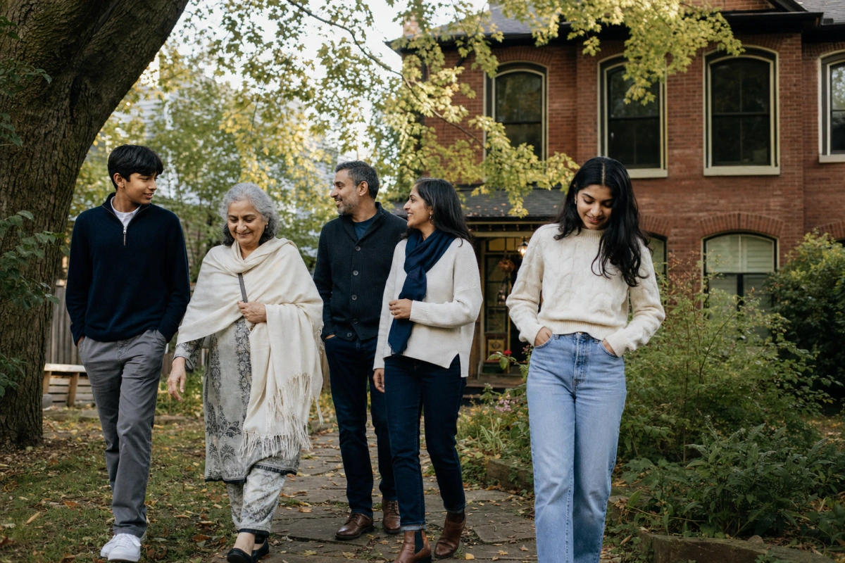 A multigenerational South Asian family walking together outside an Ontario home