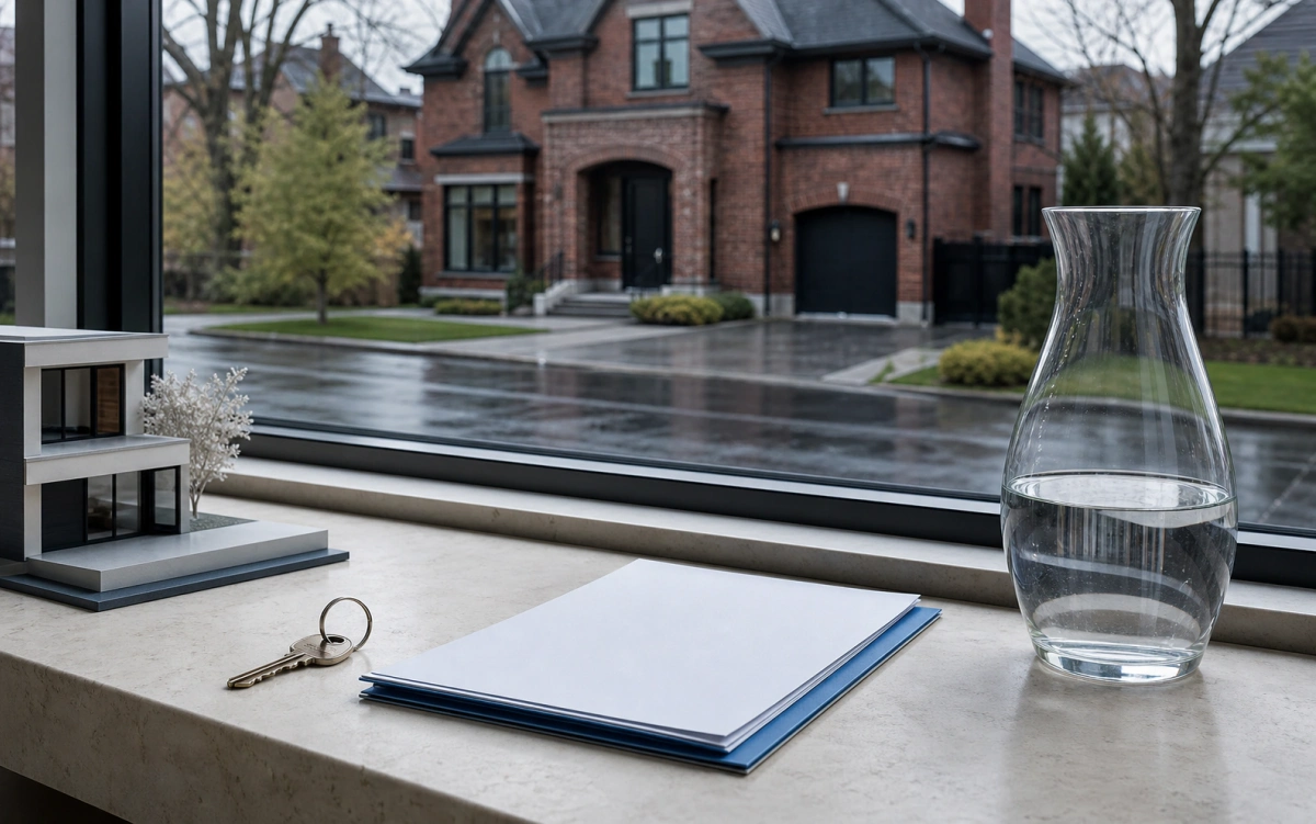 A valuable home, property documents, keys, and a half-full water carafe representing estate liquidity