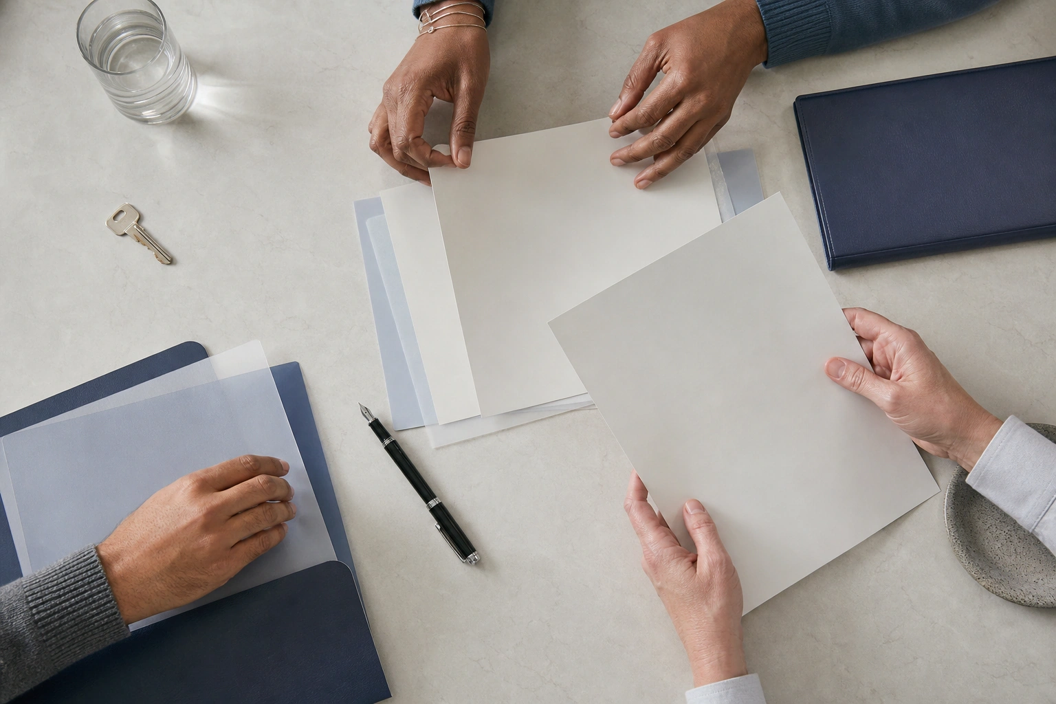Several professionals reviewing planning materials together from above