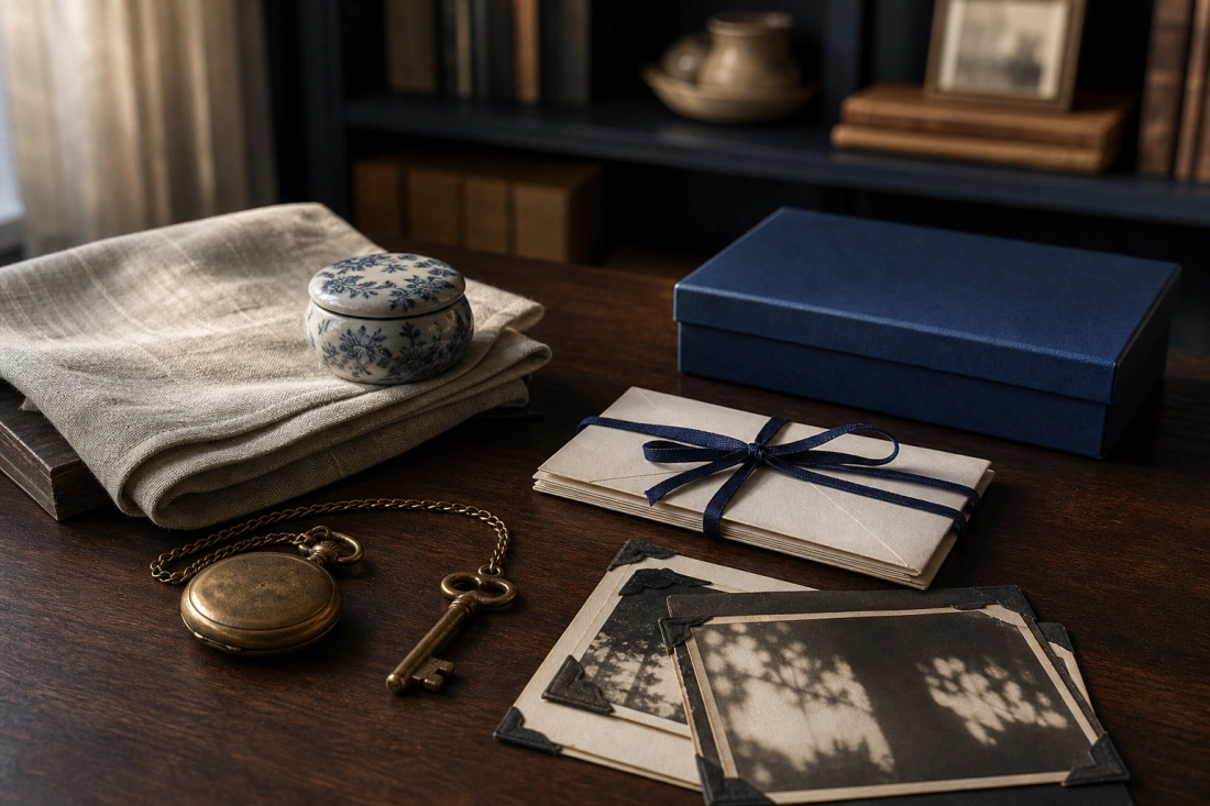Family heirlooms, photographs, and letters arranged for safekeeping