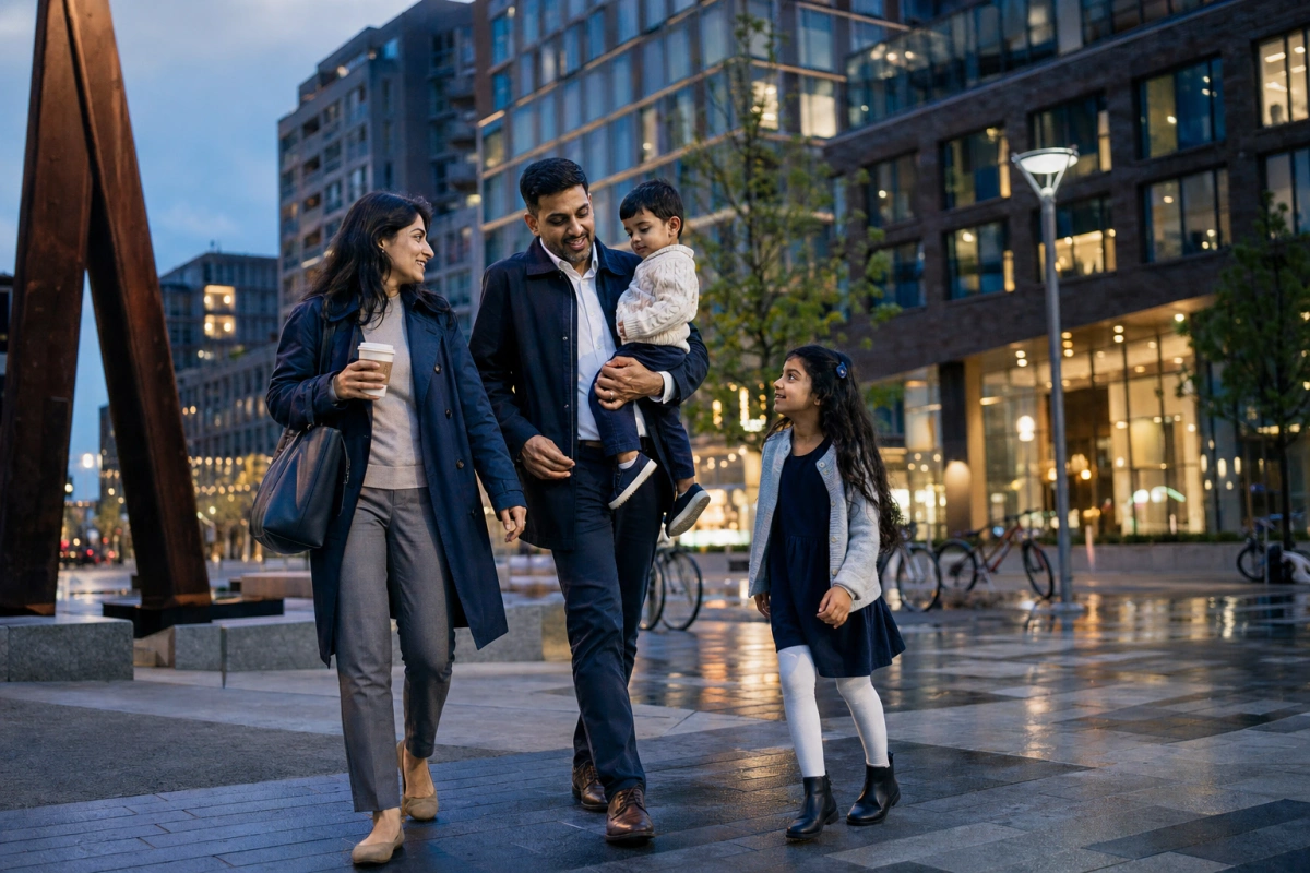 A young South Asian family walking together through an Ontario city plaza