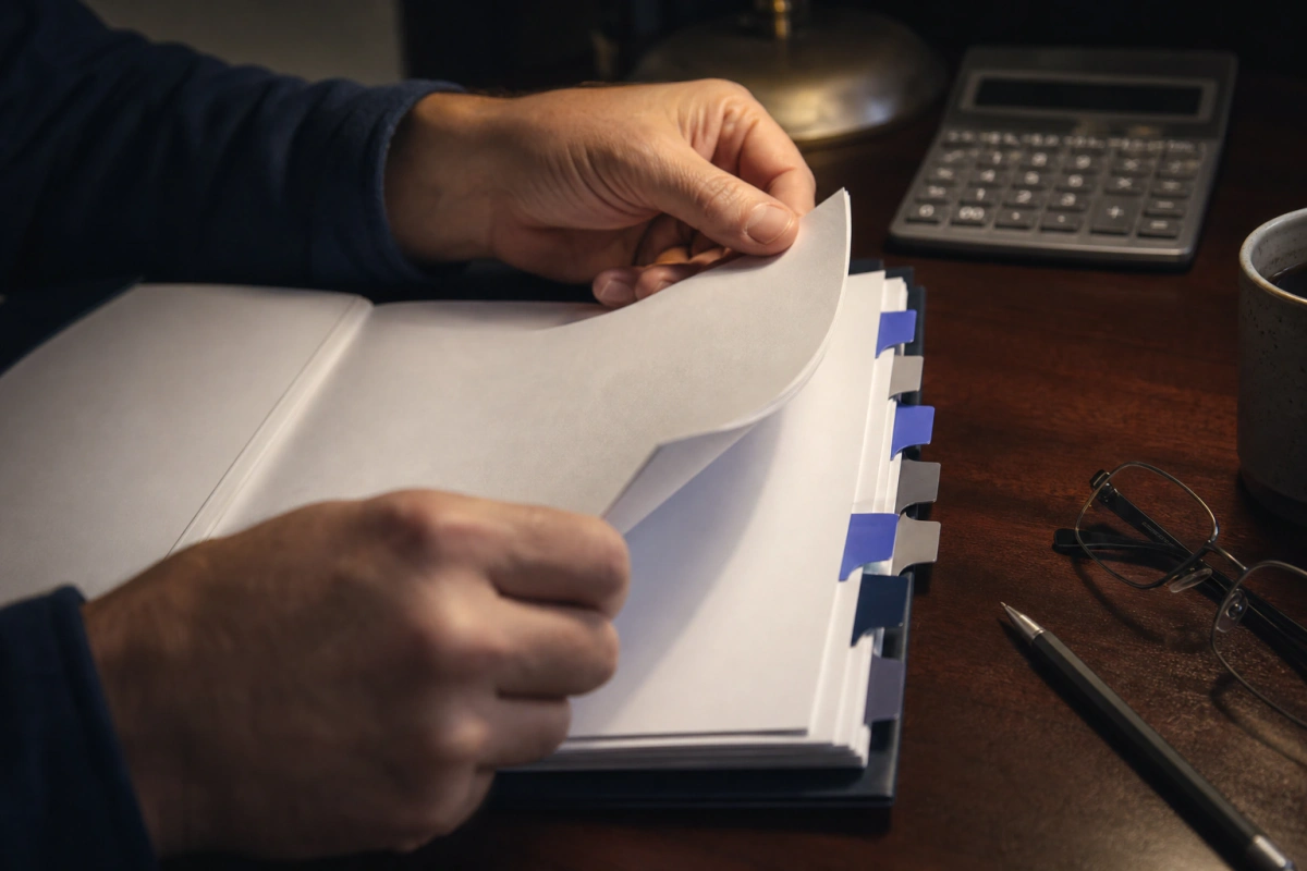 Hands reviewing an organized policy binder beside a calculator and pen