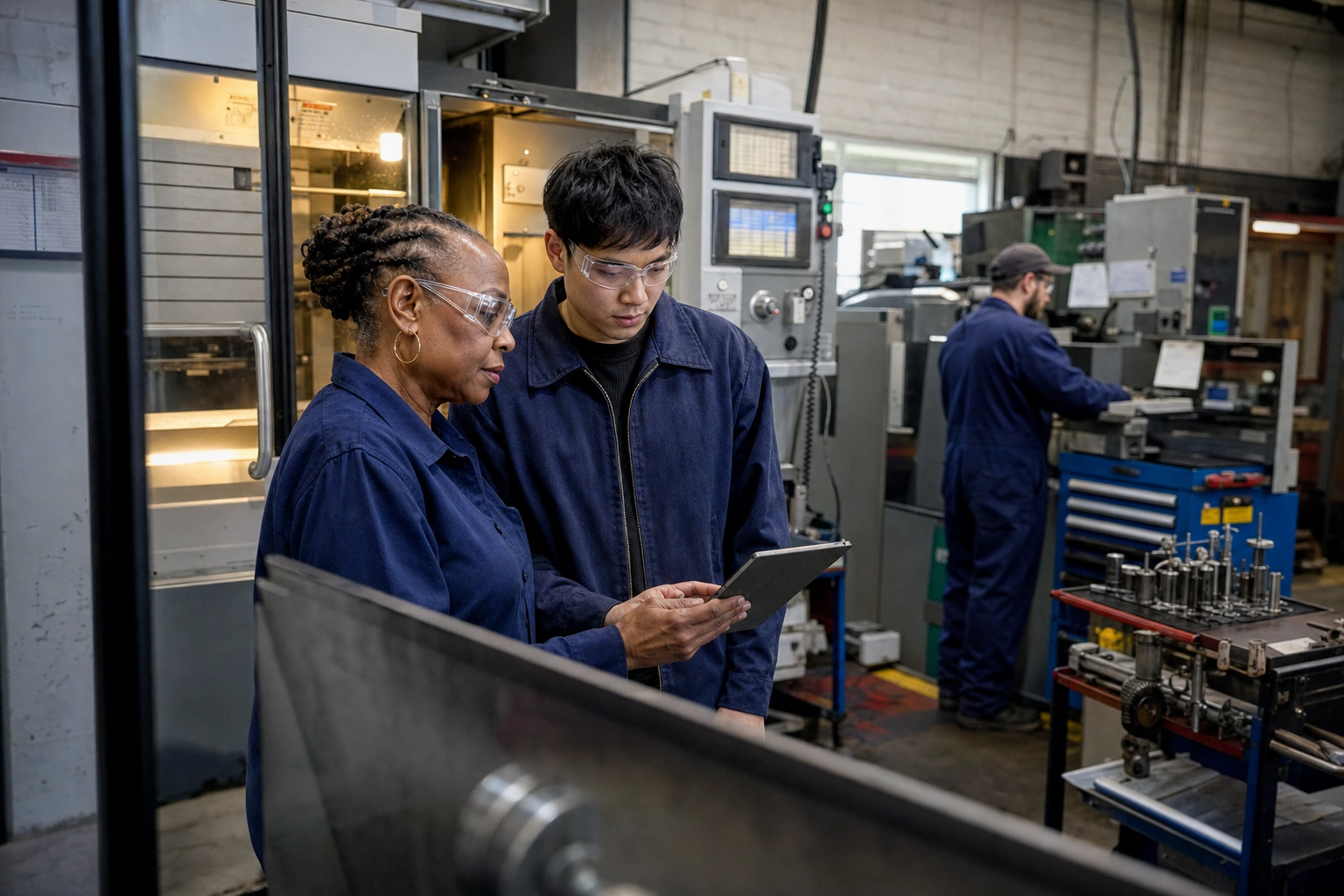 An experienced shop-floor worker reviewing a tablet with a younger colleague in a manufacturing facility
