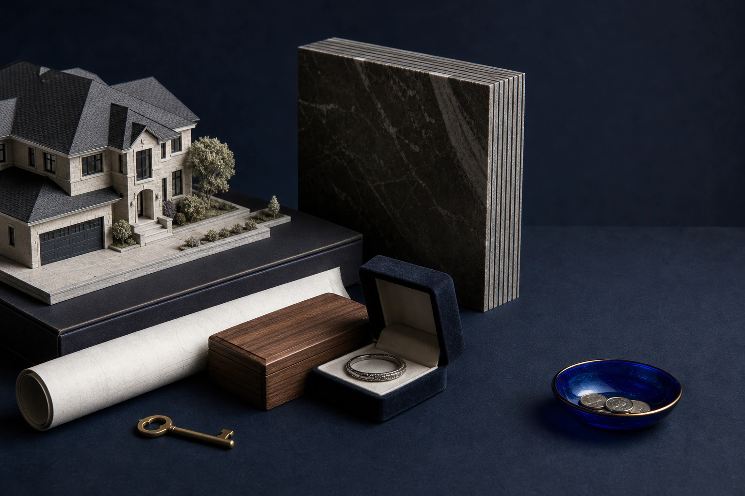 A model home, plans, heirlooms, and a small bowl of coins contrasting estate value with available cash