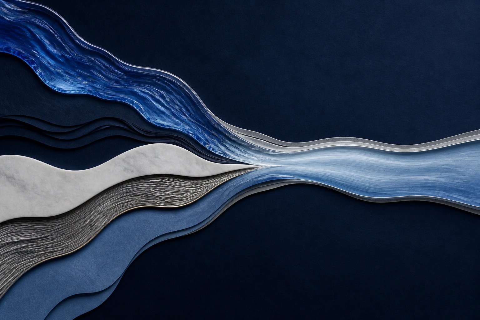 Layered blue, white, and silver streams converging into one calm flow