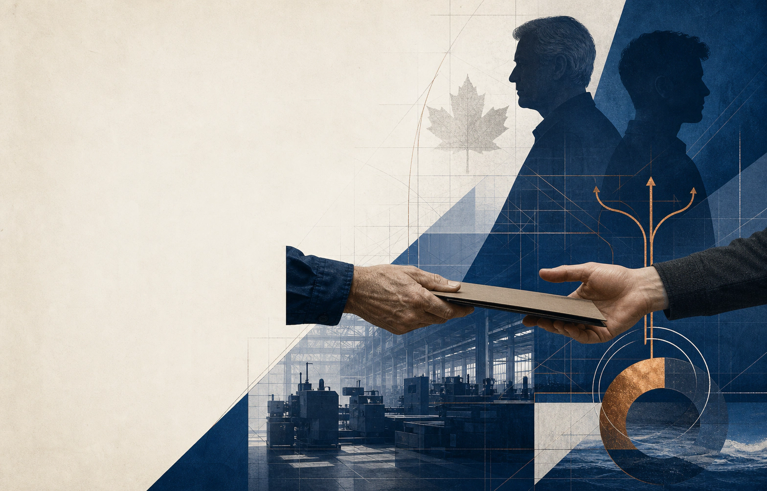 Editorial illustration of two generations transferring a business plan against a manufacturing backdrop