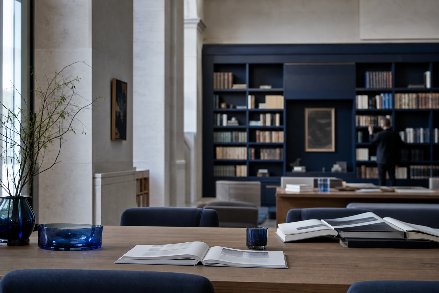 A cobalt-accented research library with open books and a reader in the distance